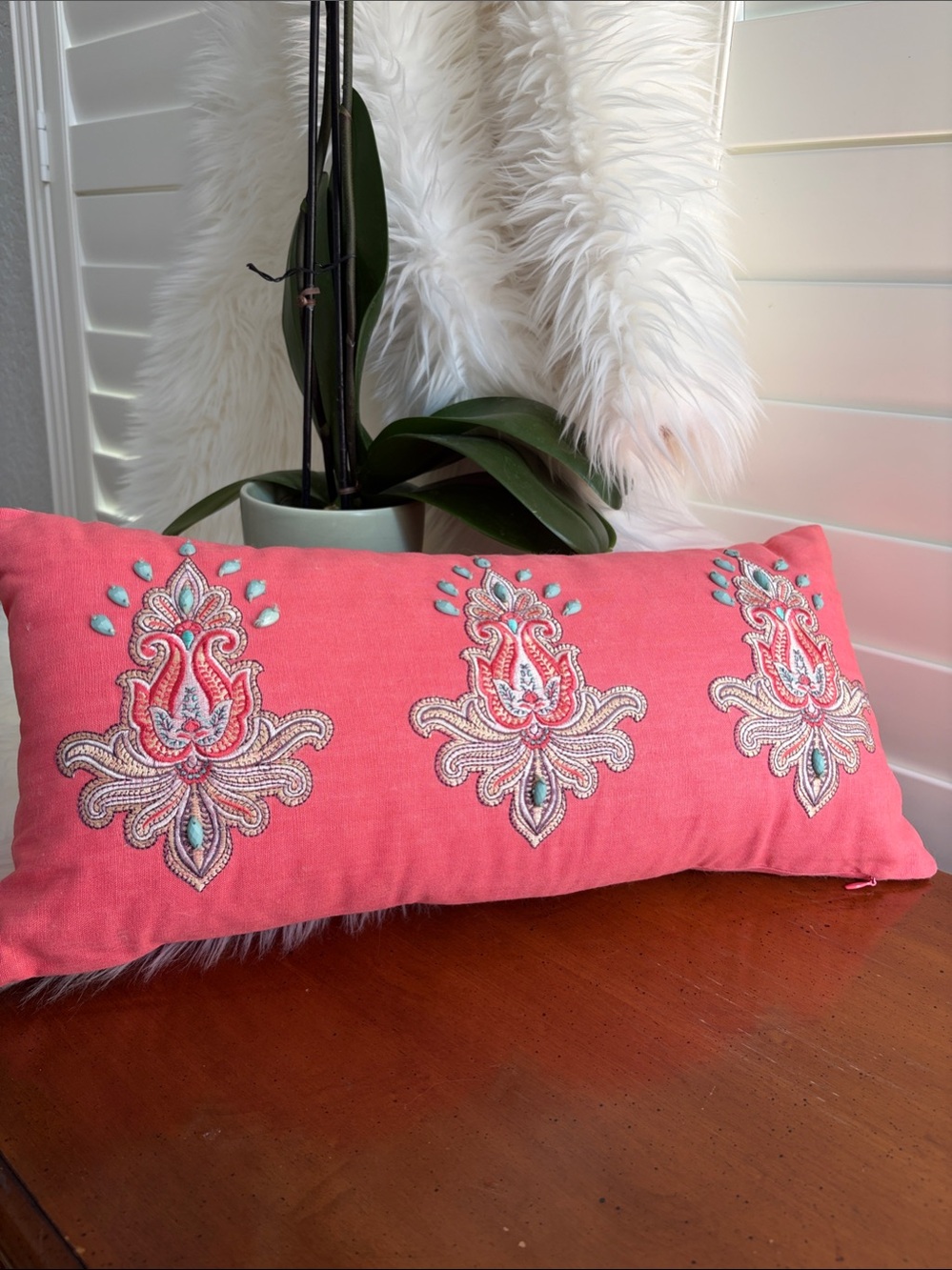 Embroidered Coral Pink Decorative Lumbar Pillow